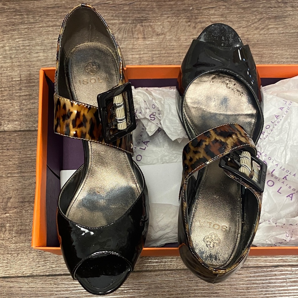 Isola Black Patent Heels with Leopard Accents